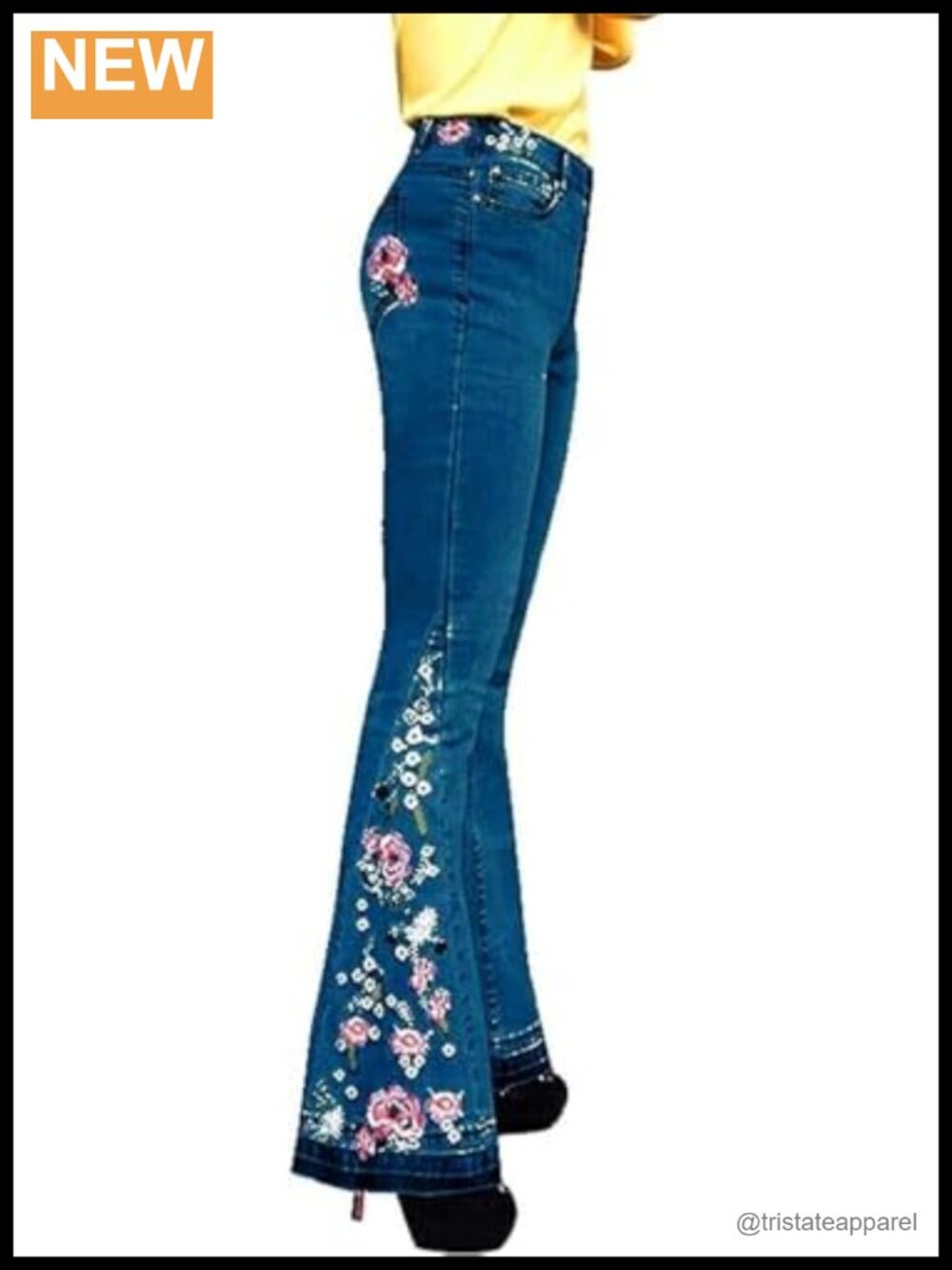 Embroidered Bell Bottom Jeans Flare High Rise Stretch Denim 70s Hippie